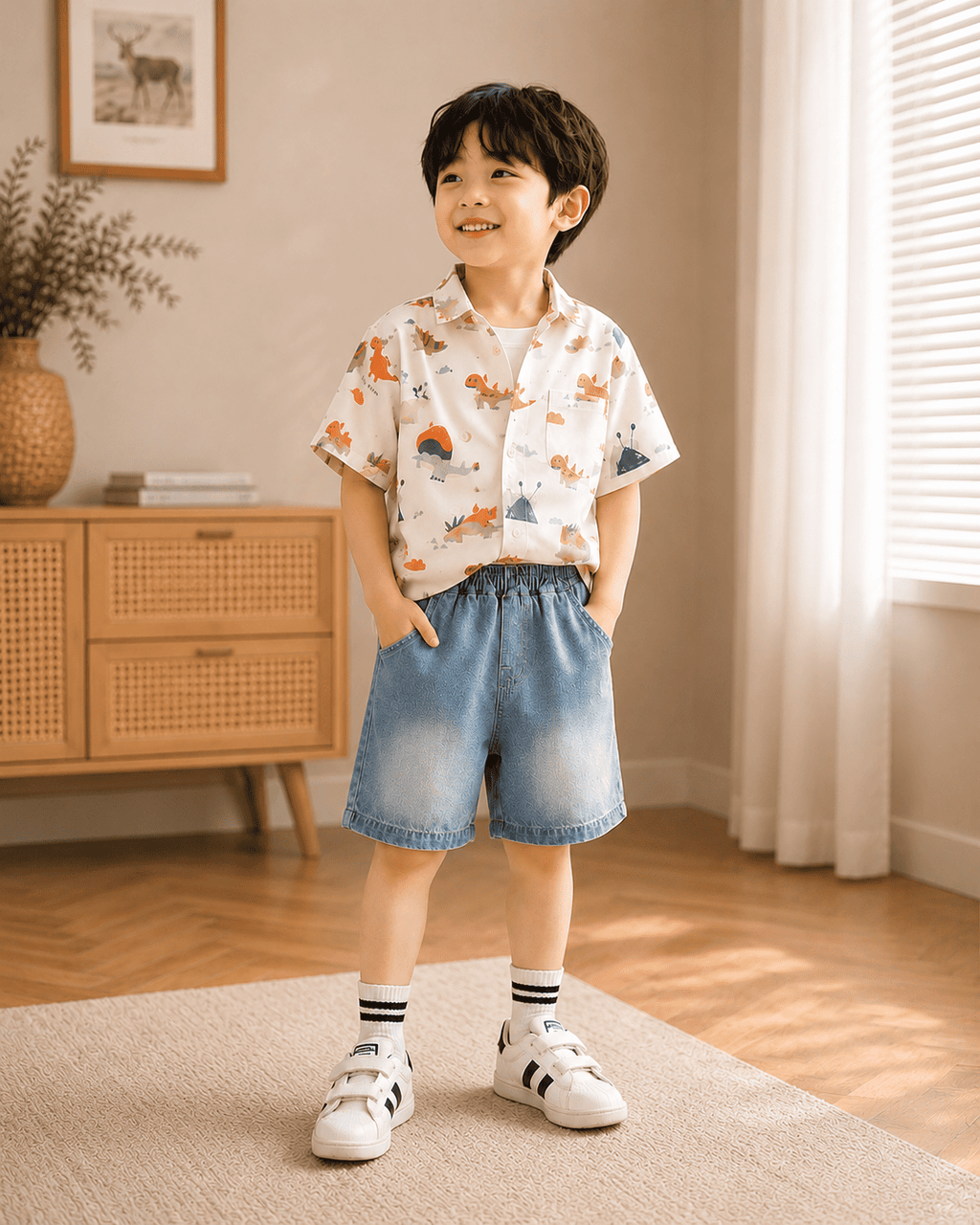 Print Cotton Shirt And Denim Shorts Set