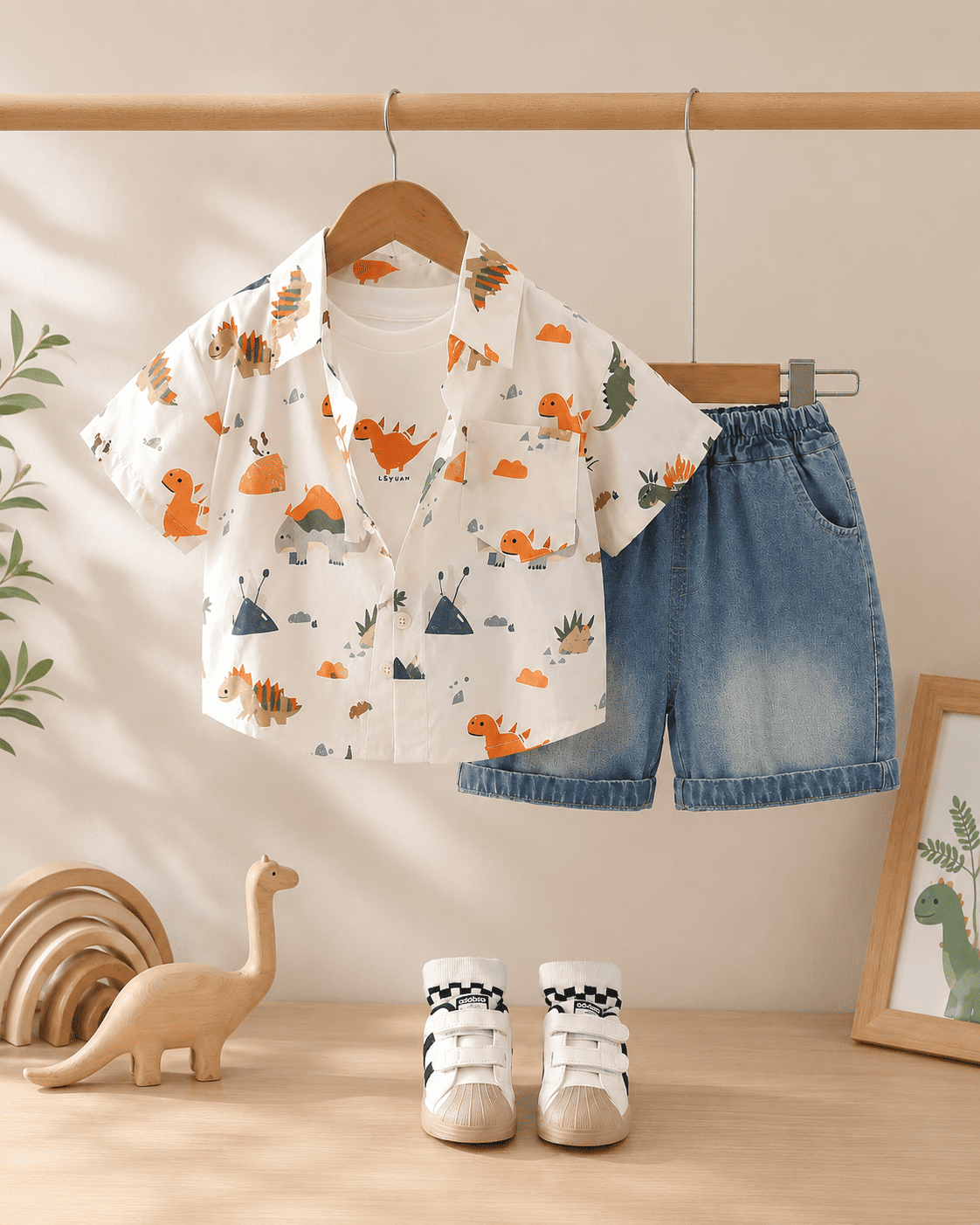 Print Cotton Shirt And Denim Shorts Set