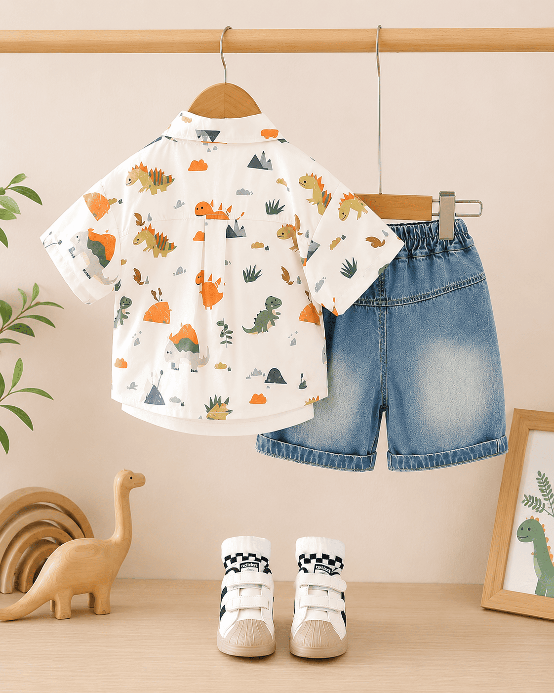 Print Cotton Shirt And Denim Shorts Set