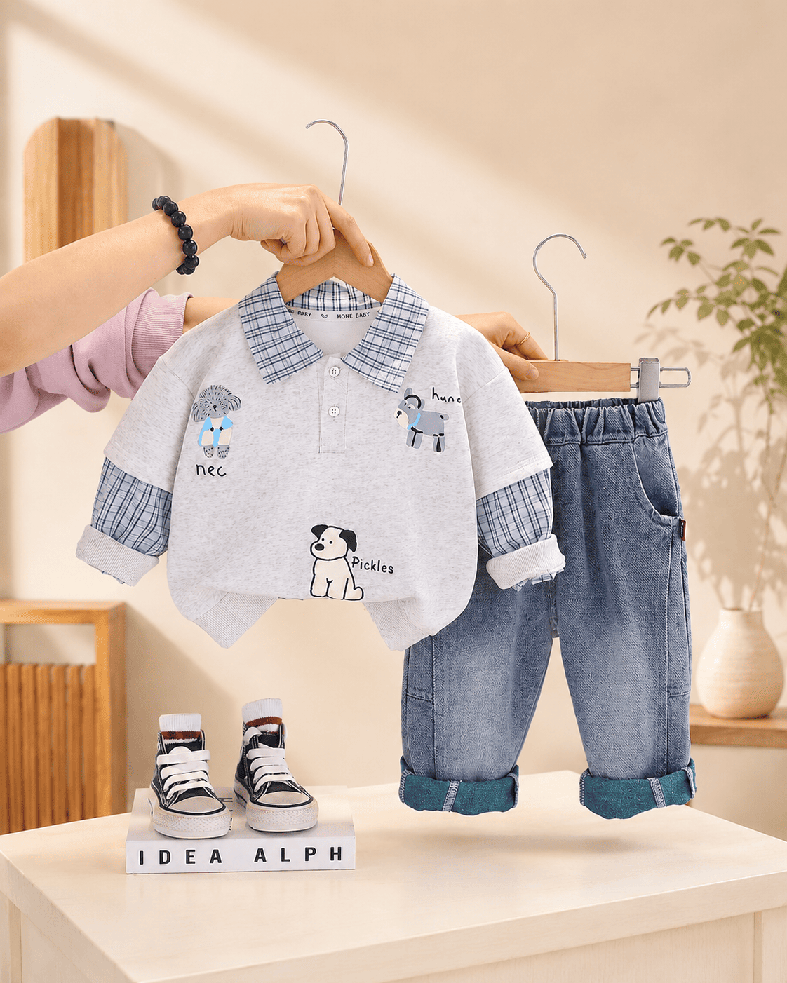 Polo Collar Sweatshirt And Relaxed Denim Jeans Set