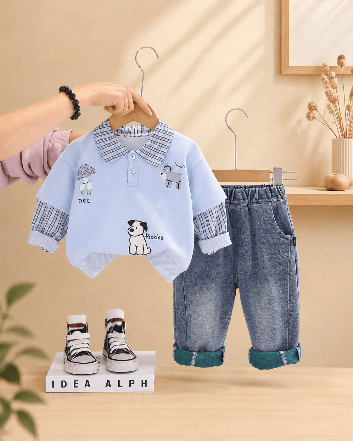 Polo Collar Sweatshirt And Relaxed Denim Jeans Set