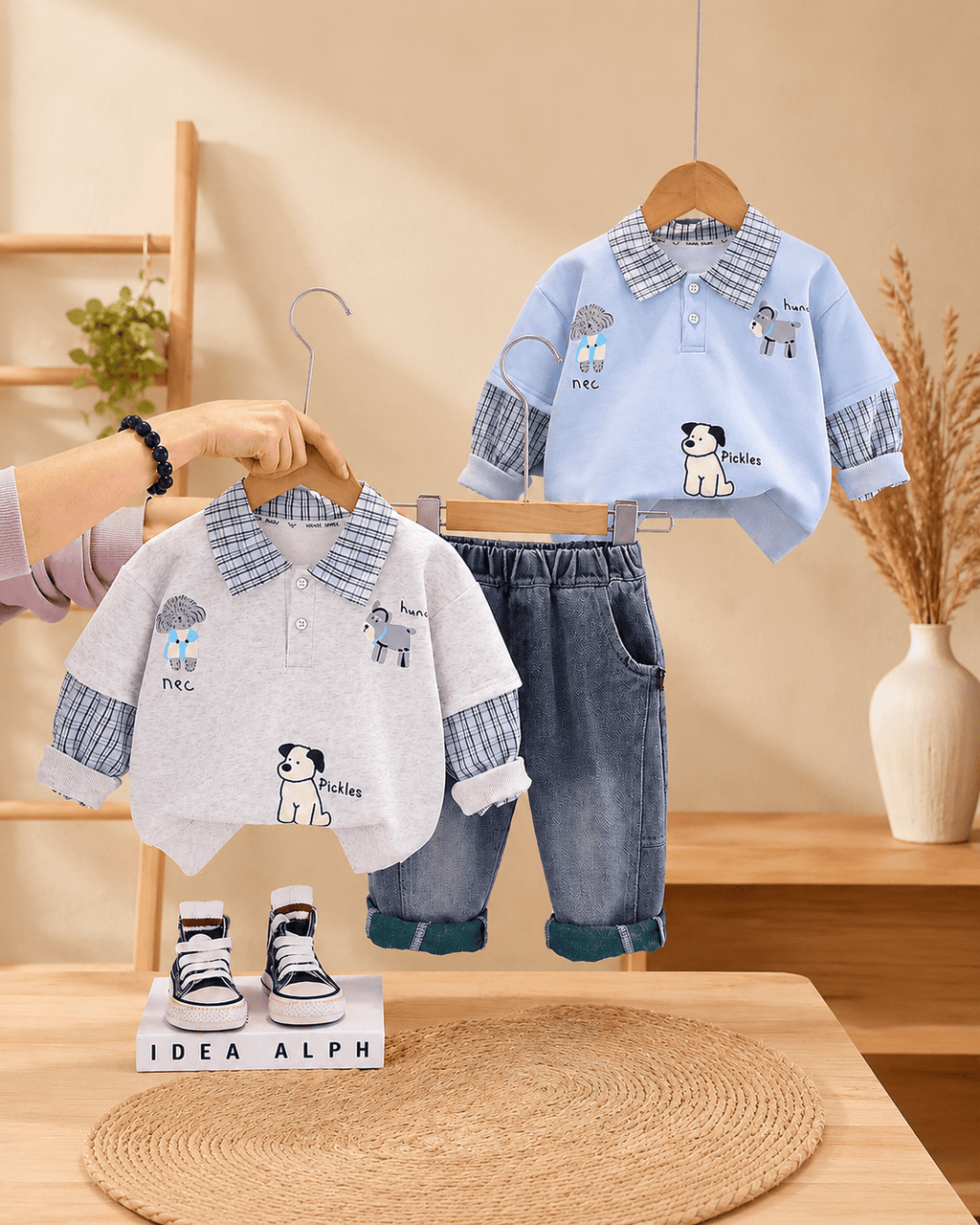 Polo Collar Sweatshirt And Relaxed Denim Jeans Set