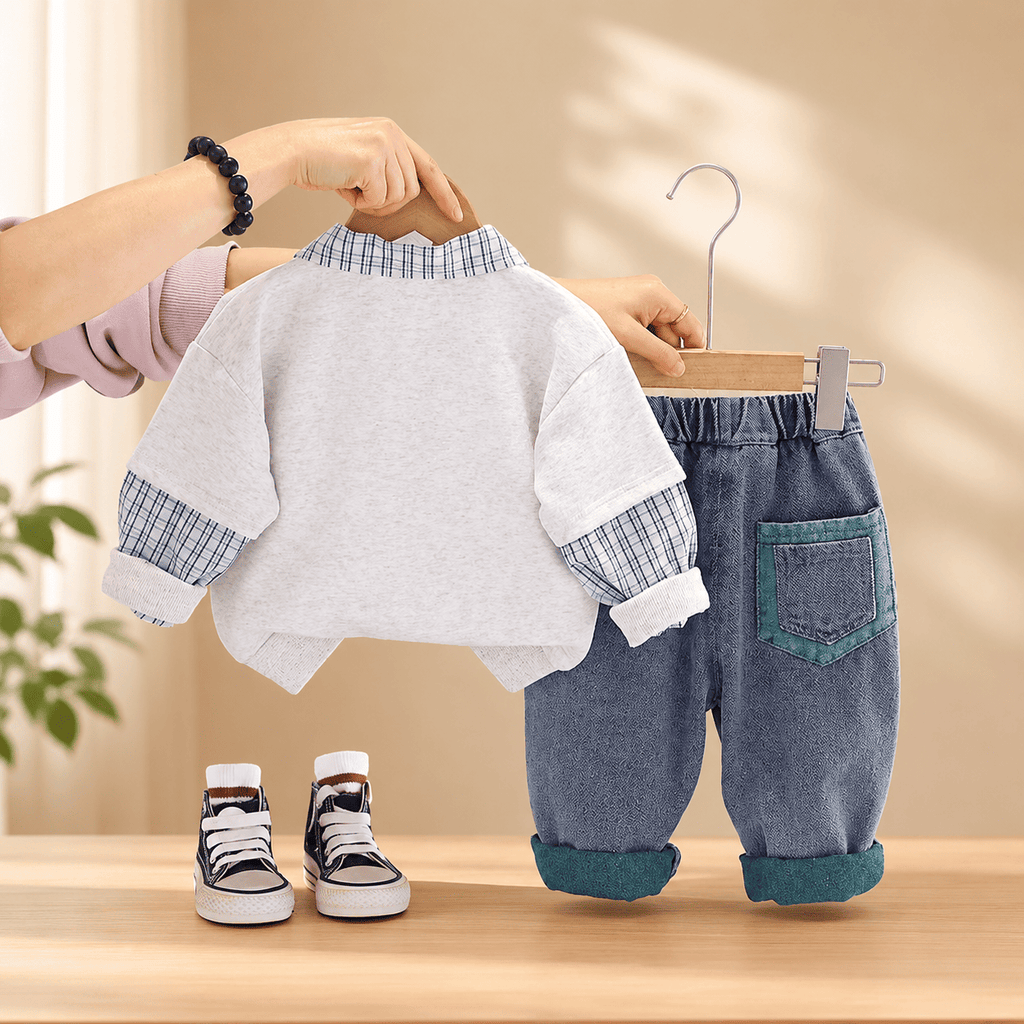 Polo Collar Sweatshirt And Relaxed Denim Jeans Set